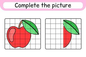 compléter le tableau pomme. copier l'image et la couleur. terminer l'image. livre de coloriage. jeu d'exercices de dessin éducatif pour les enfants vecteur