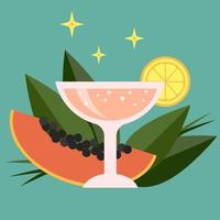 cocktail tropical avec une tranche de citron et un fruit de papaye sur le fond. vacances d'été et concept de fête sur la plage. illustration vectorielle plane vecteur