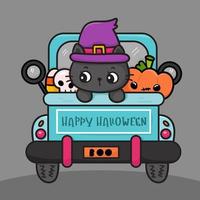 chat d'halloween dans un dessin animé effrayant de voiture d'halloween vecteur