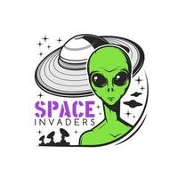 icône d'envahisseurs de l'espace avec extraterrestre vert et vaisseau spatial vecteur