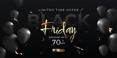 conception de bannière publicitaire de vente de vendredi noir avec des lettres de couleur or stylisées 3d et des ballons brillants vecteur