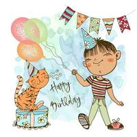 une carte d'anniversaire pour le garçon. un garçon dans une casquette festive avec des ballons et un chat mignon fête son anniversaire. vecteur. vecteur