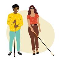 personnes spéciales multiculturelles dans des lunettes noires debout avec une canne. personnes handicapées, diversité et inclusion. illustration vectorielle. vecteur
