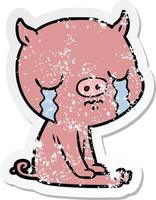 autocollant en détresse d'un cochon de dessin animé qui pleure vecteur
