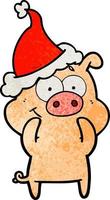 heureux dessin animé texturé d'un cochon portant un bonnet de noel vecteur