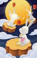 lapin volant vers la lune avec un gâteau de lune vecteur