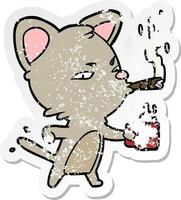 autocollant en détresse d'un chat de dessin animé avec café et cigare vecteur