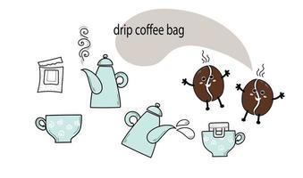 sac à café goutte à goutte pour une infusion facile dans une tasse. ensemble d'icônes vectorielles dessinées à la main, illustration isolée de doodle sur fond blanc. instructions pour préparer une boisson au café frais vecteur