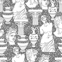 une statue antique de femme, un buste d'homme antique, des colonnes, des amphores. mythique, style grec ancien. arrière-plan, papier peint, modèle d'affiche. vecteur