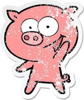 autocollant en détresse d'un dessin animé de cochon joyeux vecteur