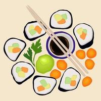 ensemble vectoriel de rouleaux, wasabi, morceaux de carottes, persil et sauce soja sur fond clair.