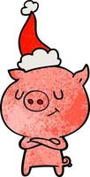 heureux dessin animé texturé d'un cochon portant un bonnet de noel vecteur