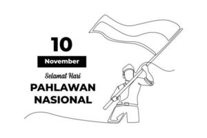 dessin d'une seule ligne heureuse journée du héros national indonésien pour carte de voeux, affiche et bannière 10 novembre. concept de héros national en indonésie. illustration vectorielle graphique de conception de dessin en ligne continue vecteur
