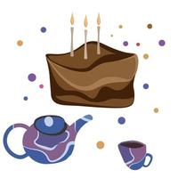 carte de voeux avec gâteau, théière et tasse. fête d'anniversaire. vecteur