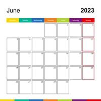 calendrier mural coloré de juin 2023, la semaine commence le lundi. vecteur