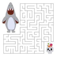 jeu de labyrinthe pour les enfants. mignon garçon en costume de requin à la recherche d'un moyen pour le sac de crâne avec des bonbons. jeu éducatif pour enfants. illustration de dessin animé de vecteur. vecteur