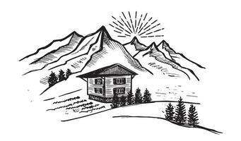 paysage de montagne, illustration dessinée à la main vecteur