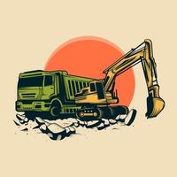 conception graphique de camions et d'excavatrices adaptée à la conception de t-shirts vecteur