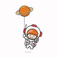 astronaute mignon volant avec illustration d'icône de dessin animé de personnage de ballon planète vecteur