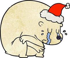 caricature texturée en pleurs d'un ours polaire portant un bonnet de noel vecteur
