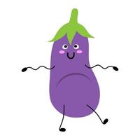 dessin animé d'aubergine mignon légume souriant heureux. Aubergine dansante isolé sur fond blanc vecteur