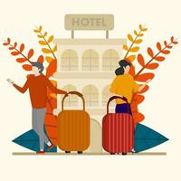 touriste sélectionnant l'hôtel et la chambre de réservation en ligne illustration vectorielle plane. les gens recherchent ou sélectionnent des hôtels, des auberges et des appartements via Internet. concept de voyage, de vacances et d'hébergement vecteur