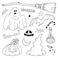 vecteur doodle ensemble de clipart halloween. un dessin à la main amusant, une jolie illustration pour le design saisonnier, les textiles, la décoration d'une salle de jeux pour enfants ou une carte de voeux. citrouilles, fantômes, chapeaux de sorcière, etc.