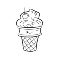 glace kawaii avec cerise isolé sur fond blanc. crème glacée avec un joli visage heureux dans un style doodle. livre de coloriage. illustration vectorielle vecteur