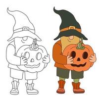 gnome avec citrouille d'halloween. illustration vectorielle de doodle dessinés à la main. contour noir. idéal pour les livres de coloriage. vecteur