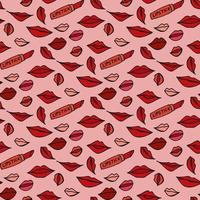 modèle sans couture avec rouge à lèvres créatif et différentes lèvres de femmes sur fond rose. image vectorielle. vecteur