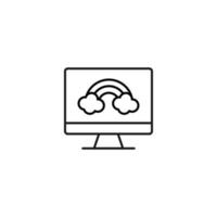 article sur le moniteur du pc. signe de contour adapté aux sites Web, applications, magasins, etc. trait modifiable. icône de ligne monochrome de vecteur d'arc-en-ciel avec des nuages sur le moniteur d'ordinateur