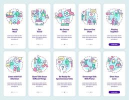 ensemble d'écrans d'application mobile d'intégration de gestion des relations familiales. pas à pas en 5 étapes pages d'instructions graphiques avec des concepts linéaires. ui, ux, modèle d'interface graphique. vecteur