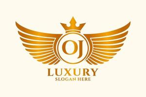 lettre d'aile royale de luxe oj crête logo couleur or vecteur, logo de victoire, logo de crête, logo d'aile, modèle de logo vectoriel. vecteur