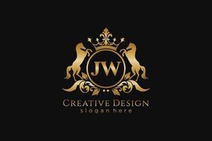 crête dorée rétro initiale jw avec cercle et deux chevaux, modèle de badge avec volutes et couronne royale - parfait pour les projets de marque de luxe vecteur