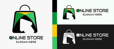 magasinage en ligne ou modèle de conception de logo de boutique en ligne avec éléments de sac à provisions et icône de curseur simple. vecteur d'illustration de logo de boutique en ligne premium
