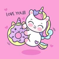 Licorne mignonne heureuse avec poney beignet kawaii cartoon vecteur