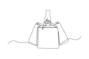 une seule main dessinant une ligne tenant des sacs à provisions. notion de vendredi noir. illustration vectorielle graphique de conception de dessin en ligne continue. vecteur