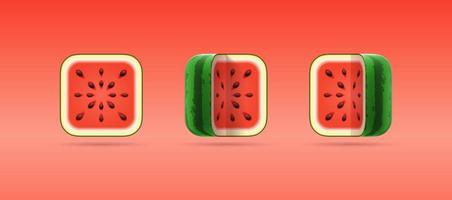 ensemble d'icônes vectorielles de dessin animé 3d de pastèque coupée carrée sur fond rouge. modèle vectoriel isolé de fruits d'été frais mûrs pour boutique végétarienne, logo, application mobile. concept d'aliments écologiques sains et biologiques