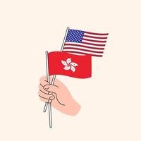main de dessin animé nous tenant et drapeaux de hong kong. relations entre les états-unis et hong kong. concept de diplomatie, de politique et de négociations démocratiques. design plat vecteur isolé