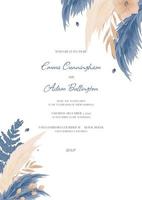 invitation de mariage avec fleuristerie et herbe de pampa en or, bleu, feuilles. conception de mariage de style bohème,. affiche florale, invitation vecteur