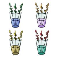 un ensemble d'icônes colorées, de simples brindilles avec des feuilles dans un grand vase en verre, illustration vectorielle en style cartoon sur fond blanc vecteur