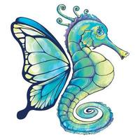 hippocampe aux ailes de papillon. créature fantastique. art numérique isolé sur fond blanc. vecteur