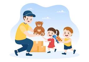boîte de dons en carton contenant des jouets pour enfants, des soins sociaux, du bénévolat et de la charité en illustration plate de dessin animé dessiné à la main