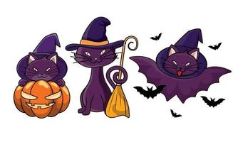 chat mignon en costumes d'halloween. costume de sorcière, tête de citrouille, costume de chauve-souris, citrouille d'Halloween vecteur