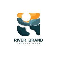 création de logo de rivière, vecteur de ruisseau de rivière, illustration au bord de la rivière avec une combinaison de montagnes et de nature, marque de produit