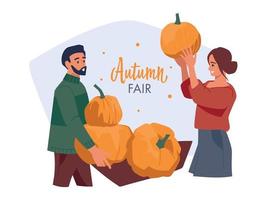 foire d'automne. homme et femme avec des citrouilles. image vectorielle. vecteur