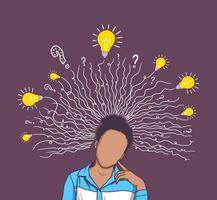 illustration de puissance cérébrale avec portrait de femme pensant des idées et des questions vecteur