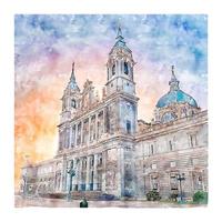 cathédrale de la almudena espagne croquis aquarelle illustration dessinée à la main vecteur