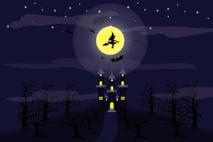 célébration d'halloween avec la maison du diable et la pleine lune vecteur