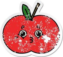 autocollant en détresse d'une pomme rouge de dessin animé mignon vecteur